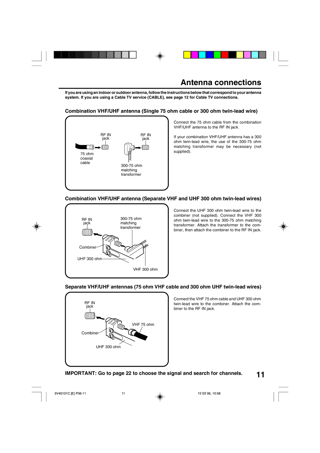 RCA 24F502TDV manual Antenna connections, Ohm coaxial Cable Ohm matching transformer, Jack Matching Transformer 