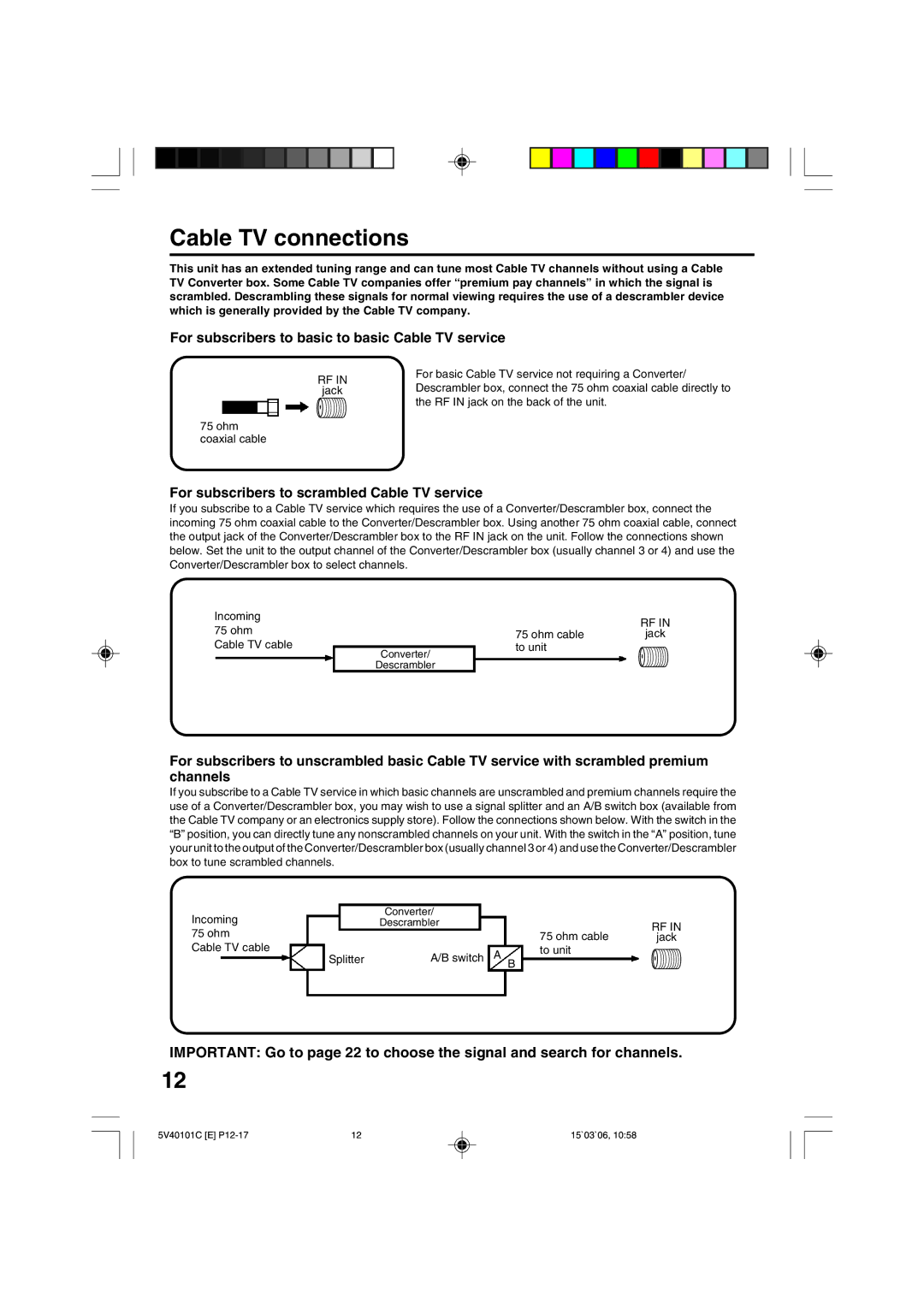 RCA 24F502TDV manual Cable TV connections, Cable TV cable To unit 