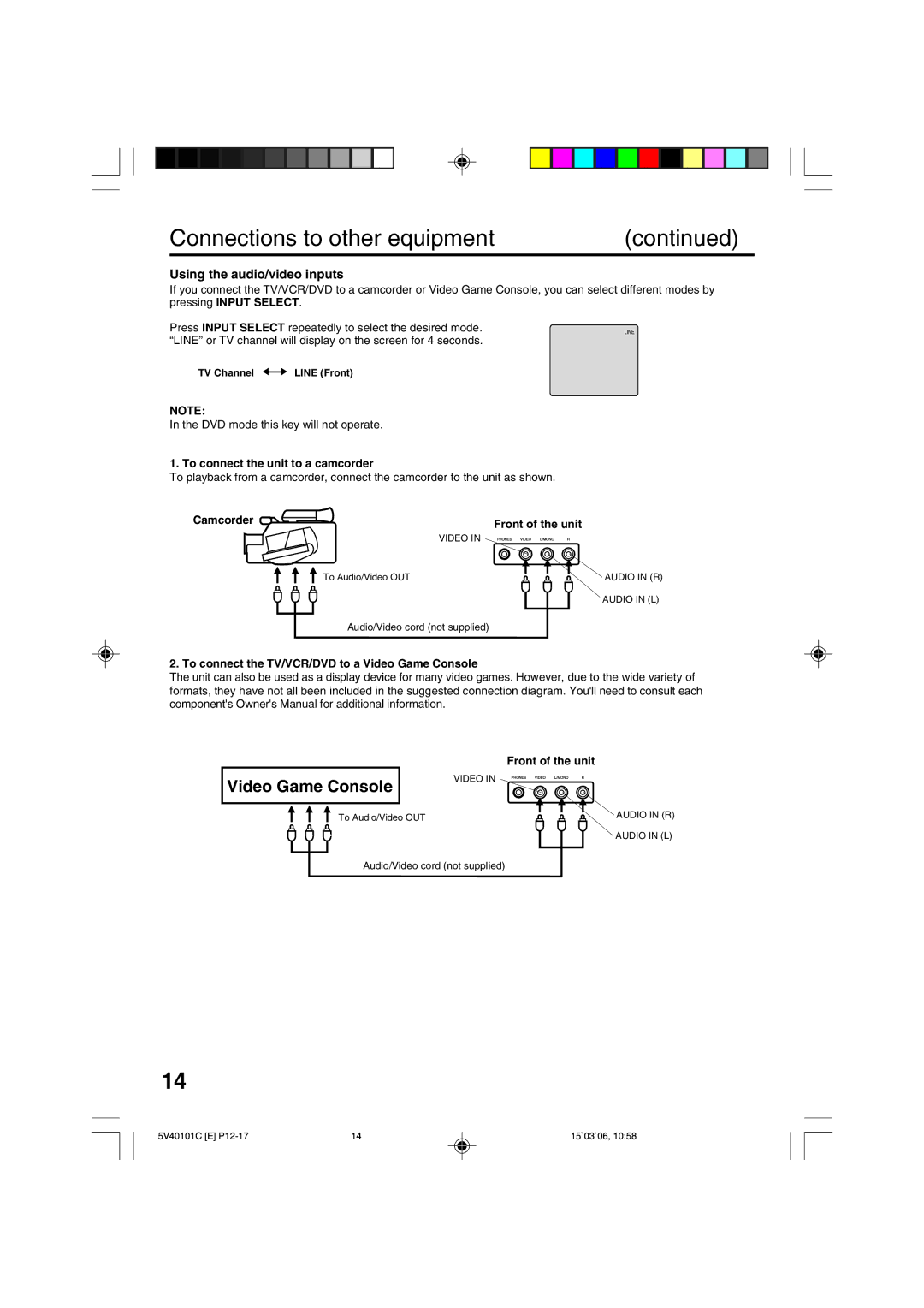 RCA 24F502TDV manual Connections to other equipment, Using the audio/video inputs, DVD mode this key will not operate 