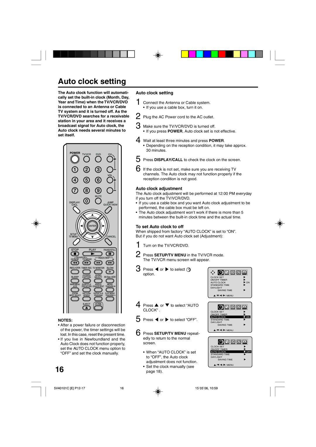 RCA 24F502TDV manual Auto clock setting, Auto clock adjustment, To set Auto clock to off 