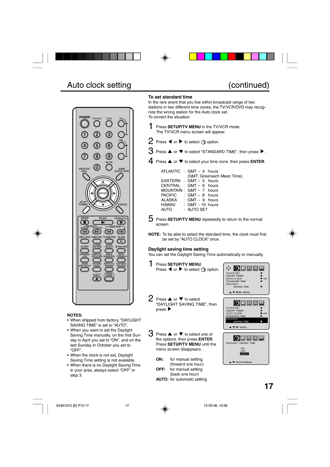 RCA 24F502TDV manual Auto clock setting, To set standard time, Daylight saving time setting, Press SETUP/TV Menu 