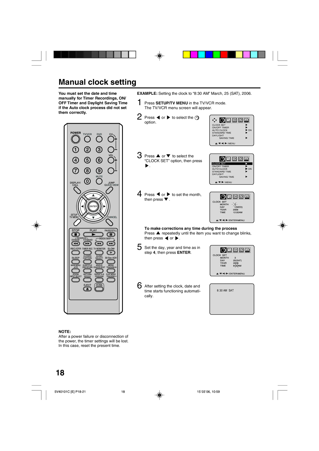 RCA 24F502TDV Manual clock setting, Press or to select the Clock SET option, then press, Press To set the month Then press 