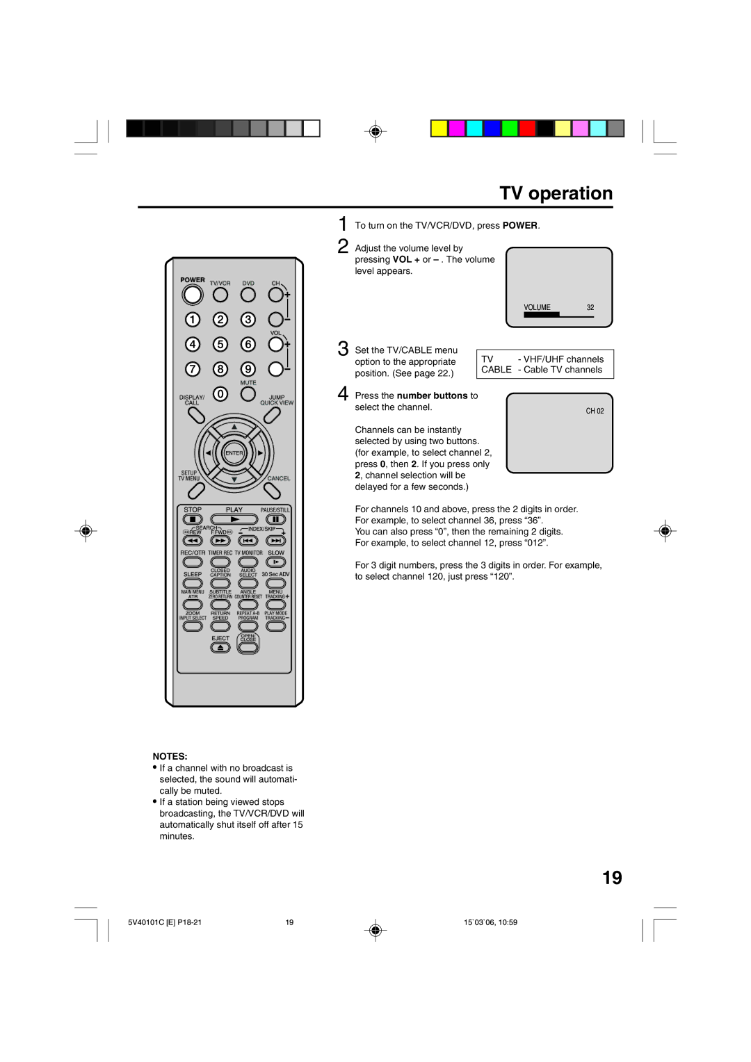 RCA 24F502TDV manual TV operation, Option to the appropriate Position. See, Cable TV channels, Press the number buttons to 