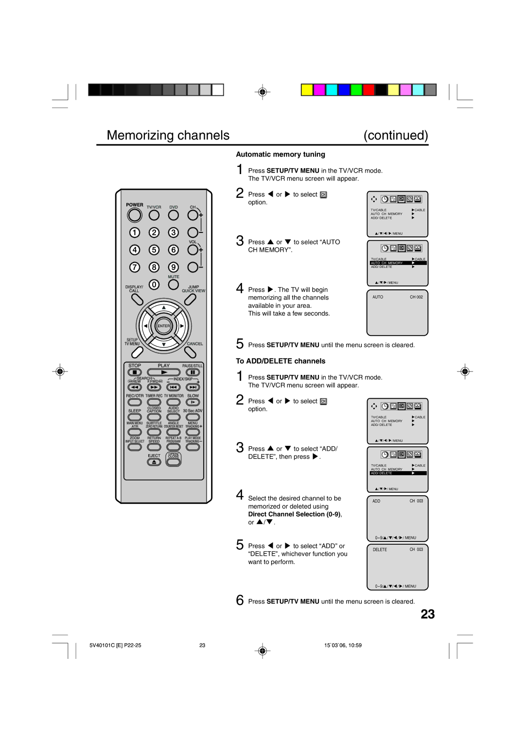 RCA 24F502TDV manual Memorizing channels, Automatic memory tuning, To ADD/DELETE channels, Direct Channel Selection 