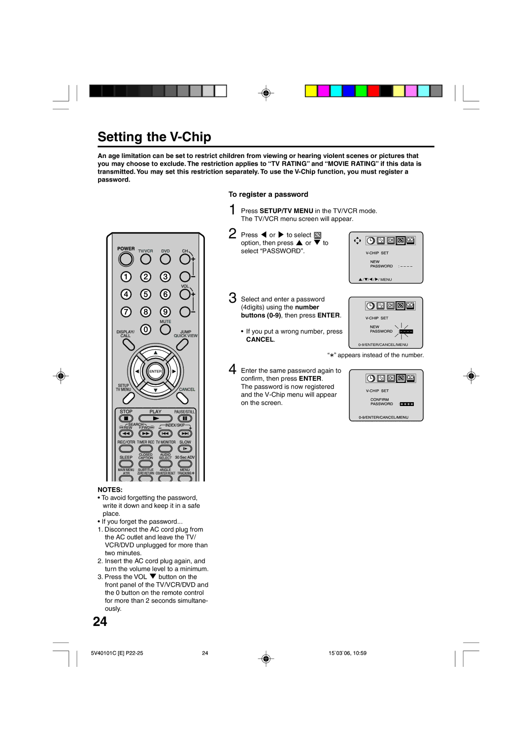 RCA 24F502TDV manual Setting the V-Chip, To register a password, Buttons 0-9, then press Enter, Cancel 