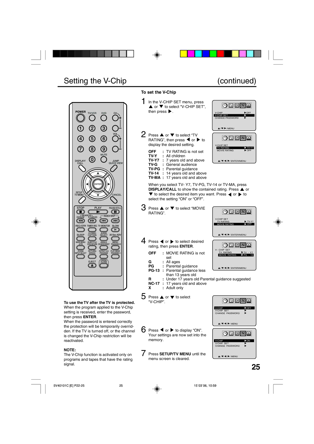 RCA 24F502TDV manual Setting the V-Chip, To set the V-Chip 