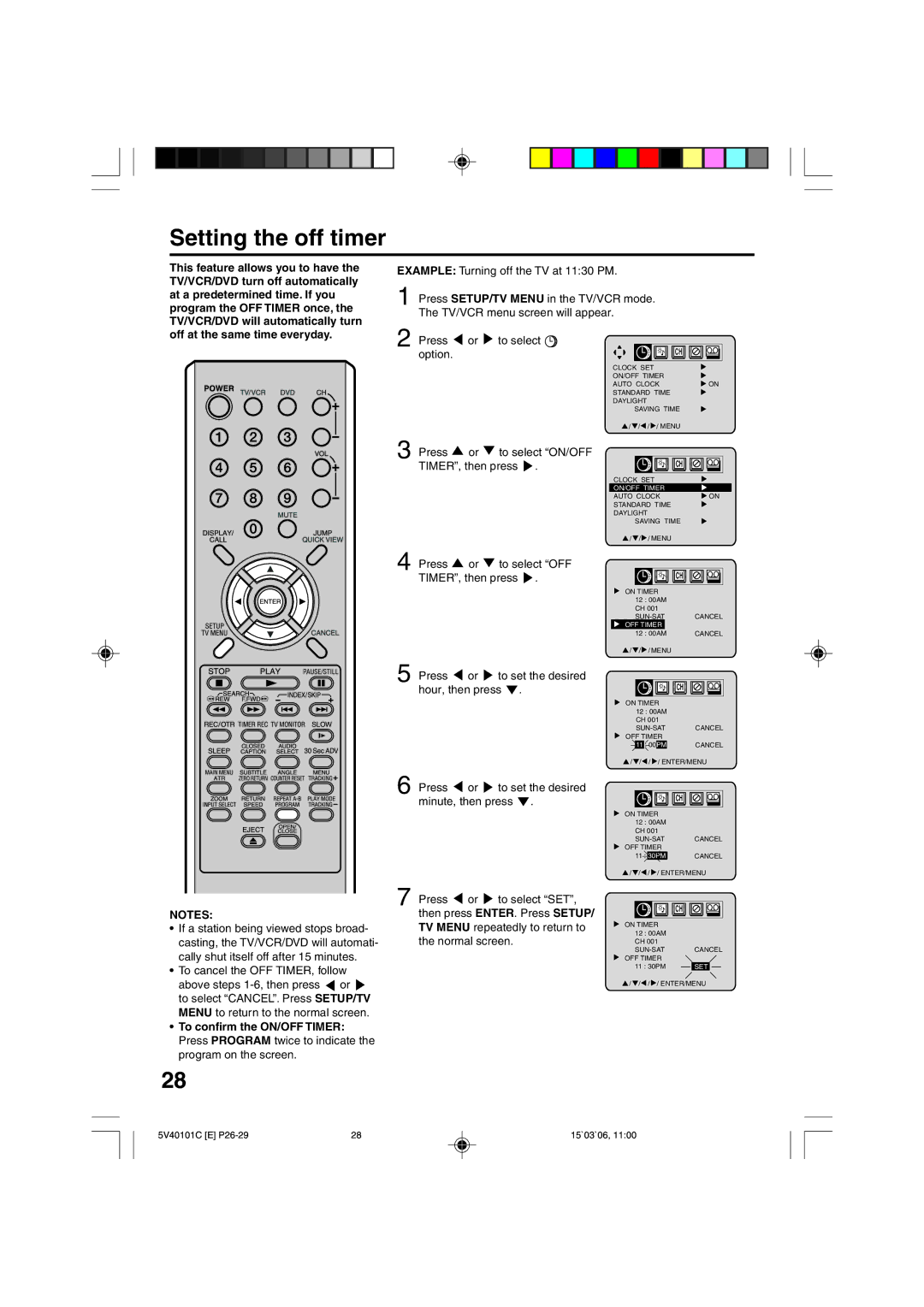 RCA 24F502TDV manual Setting the off timer, To cancel the OFF TIMER, follow 