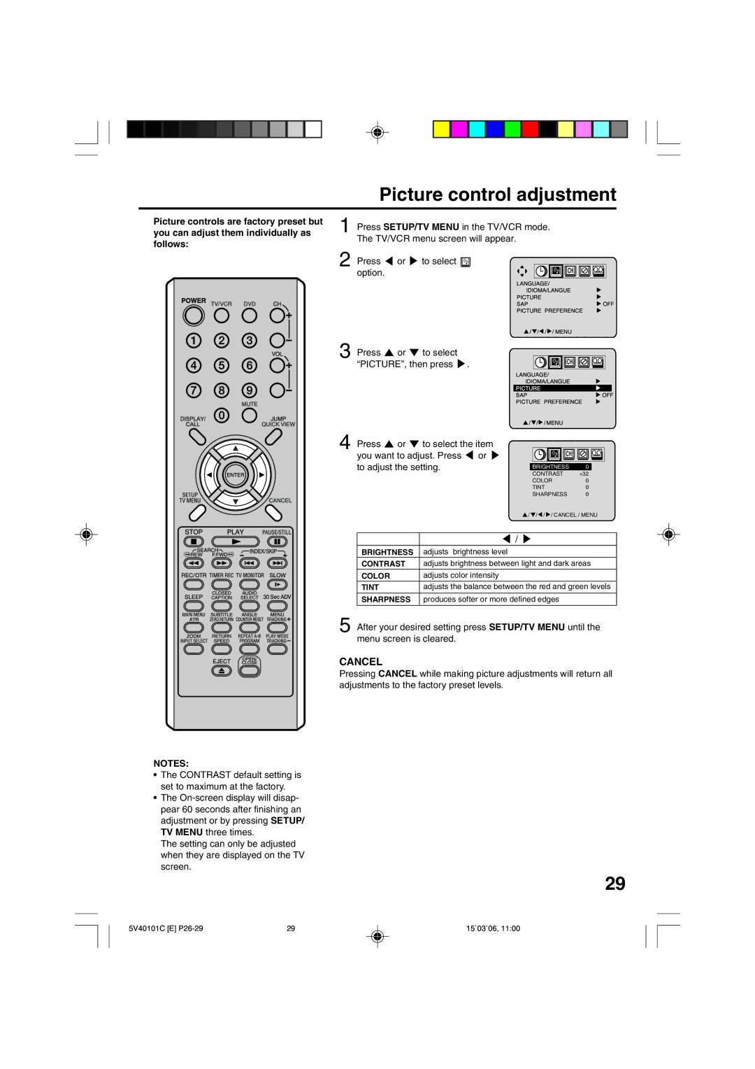 RCA 24F502TDV manual Picture control adjustment, Sharpness 