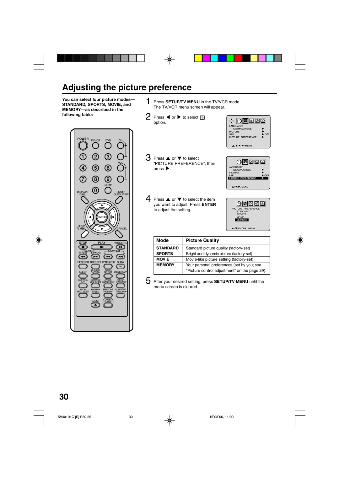 RCA 24F502TDV manual Adjusting the picture preference, Mode Picture Quality 