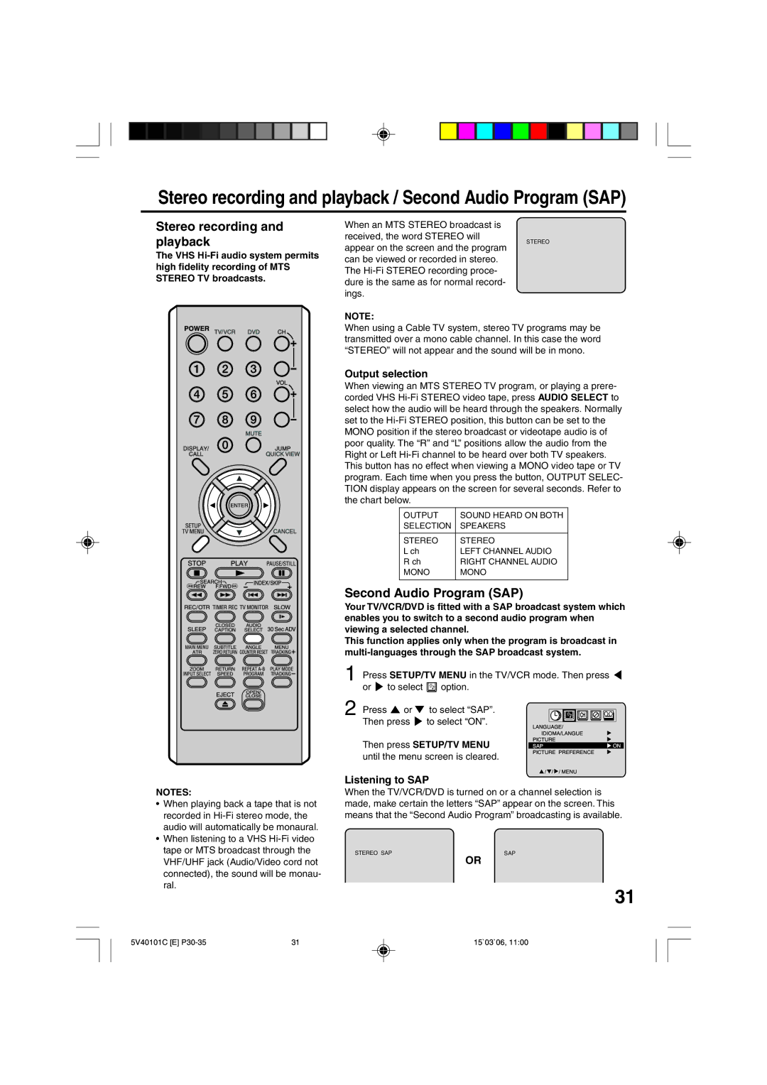 RCA 24F502TDV manual Stereo recording and playback / Second Audio Program SAP, Output selection, Listening to SAP 