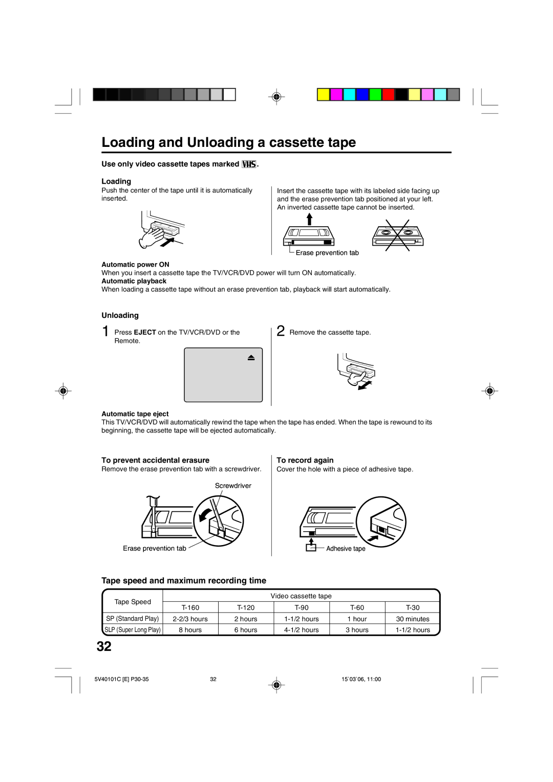 RCA 24F502TDV manual Loading and Unloading a cassette tape, Use only video cassette tapes marked Loading, To record again 