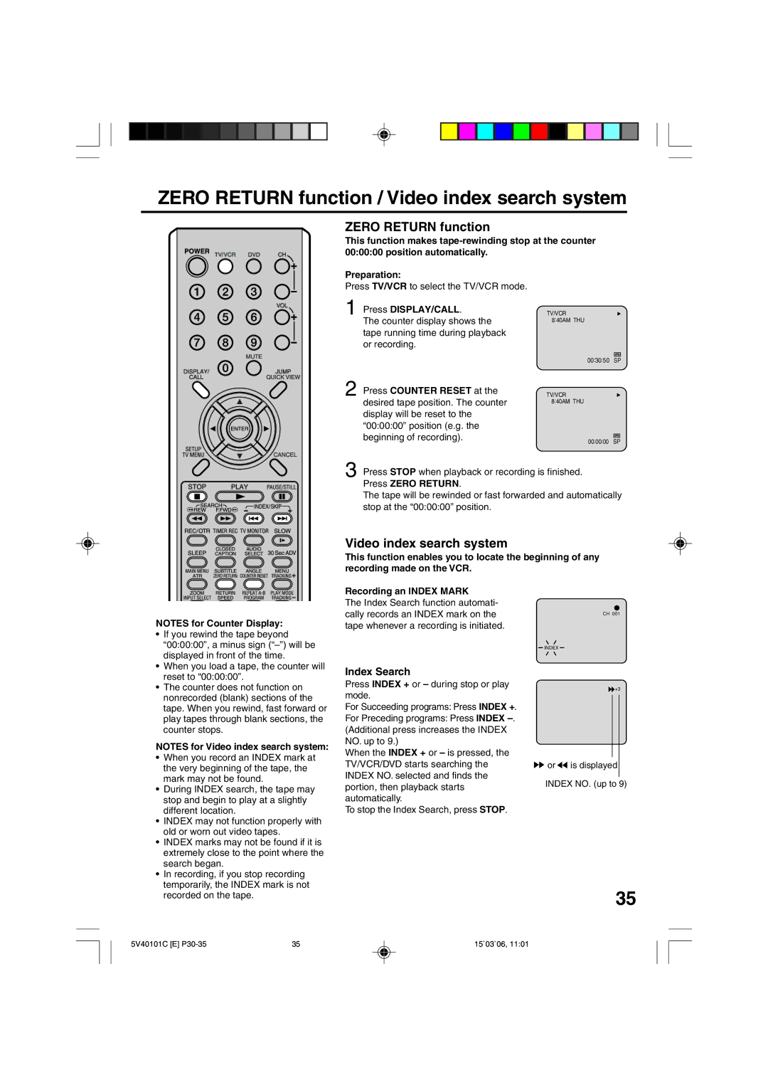 RCA 24F502TDV manual Zero Return function / Video index search system, Index Search, Press DISPLAY/CALL 