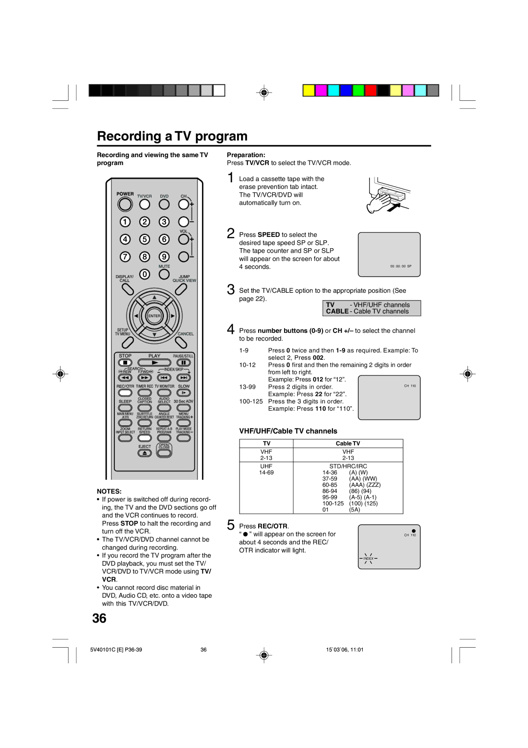 RCA 24F502TDV manual Recording a TV program, VHF/UHF/Cable TV channels, Recording and viewing the same TV program 