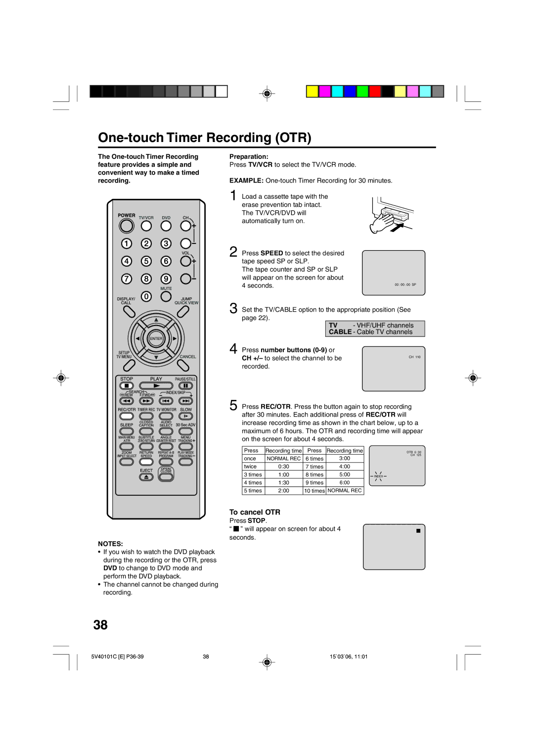 RCA 24F502TDV manual One-touch Timer Recording OTR, To cancel OTR, VHF/UHF channels, Cable Cable TV channels 