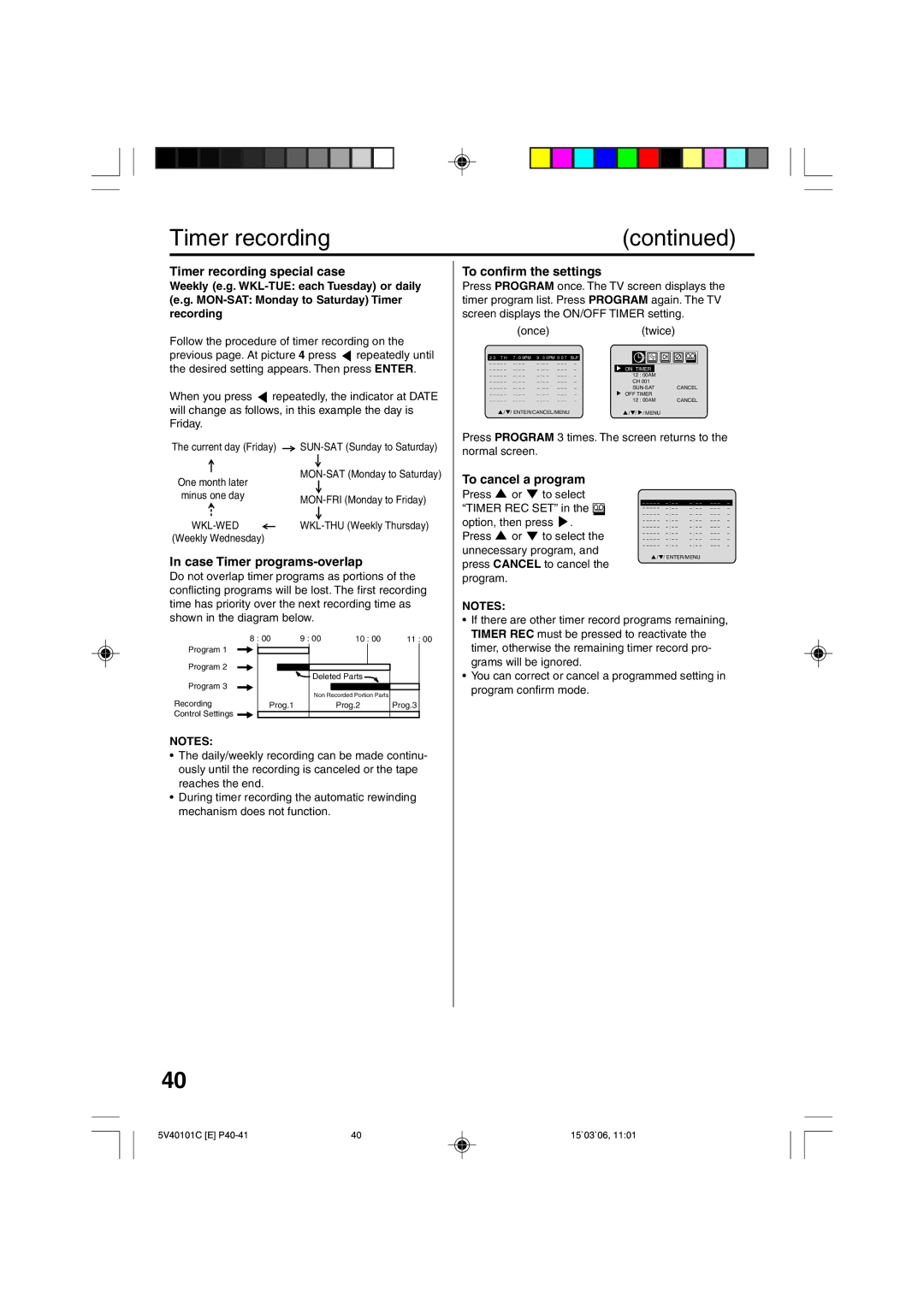 RCA 24F502TDV Timer recording special case, To confirm the settings, Case Timer programs-overlap, To cancel a program 