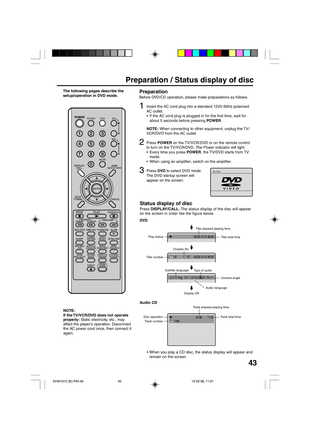 RCA 24F502TDV manual Preparation / Status display of disc, Dvd, Audio CD 