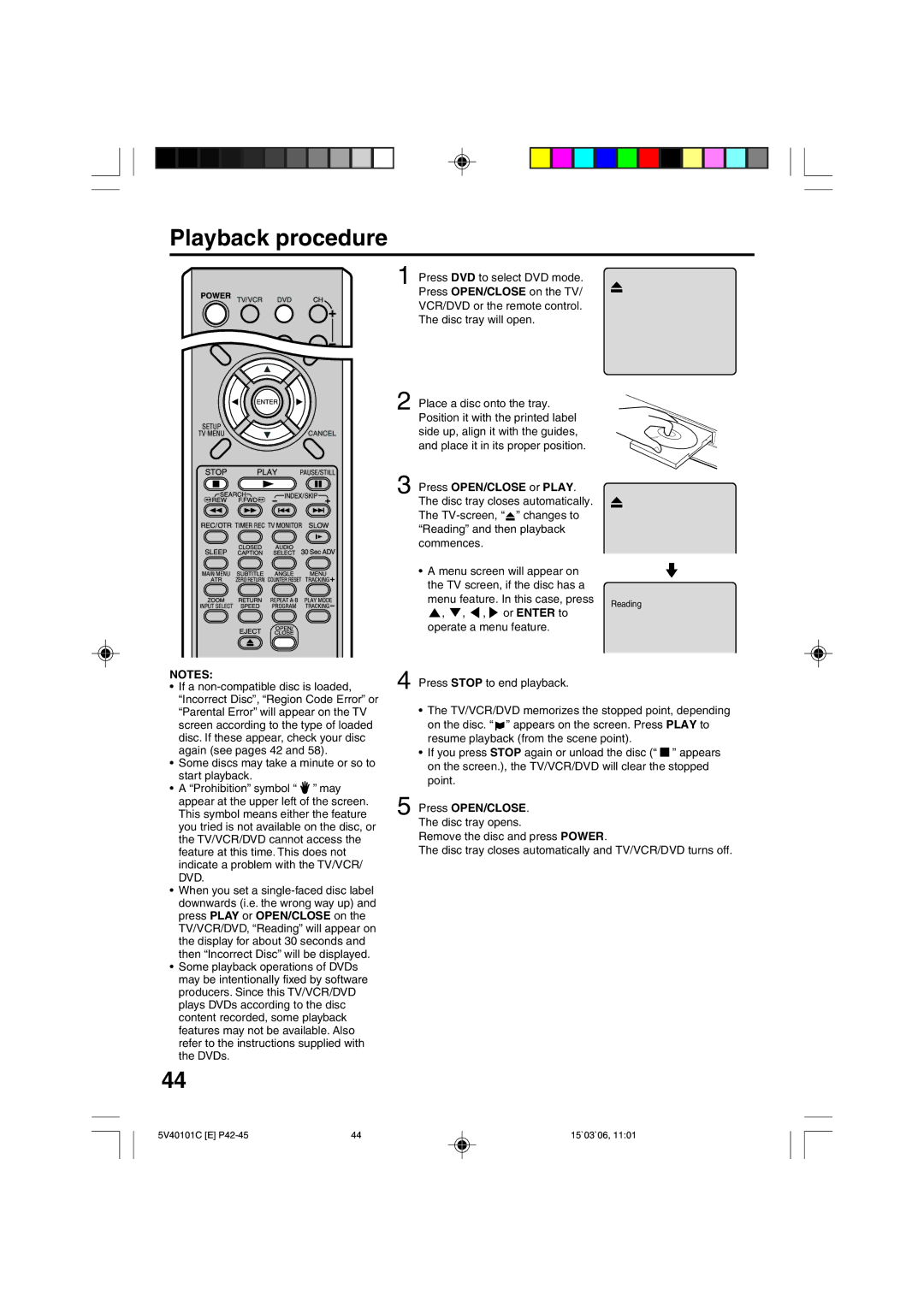 RCA 24F502TDV manual Playback procedure, Press OPEN/CLOSE or Play 