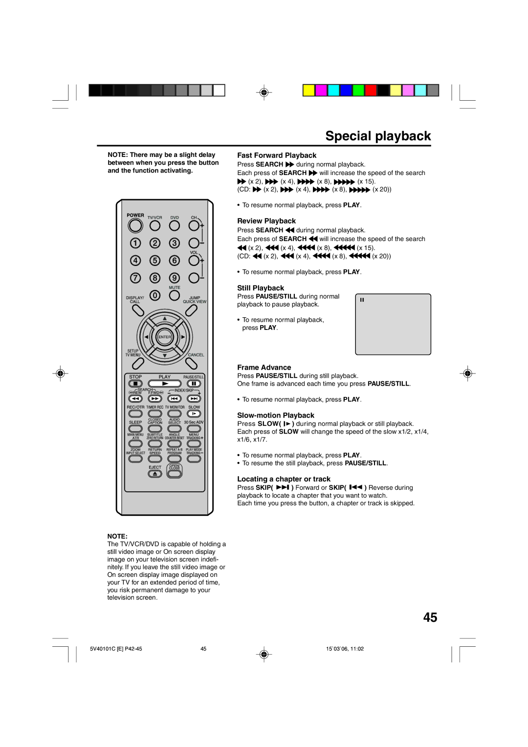 RCA 24F502TDV manual Fast Forward Playback, Review Playback, Still Playback, Frame Advance, Slow-motion Playback 