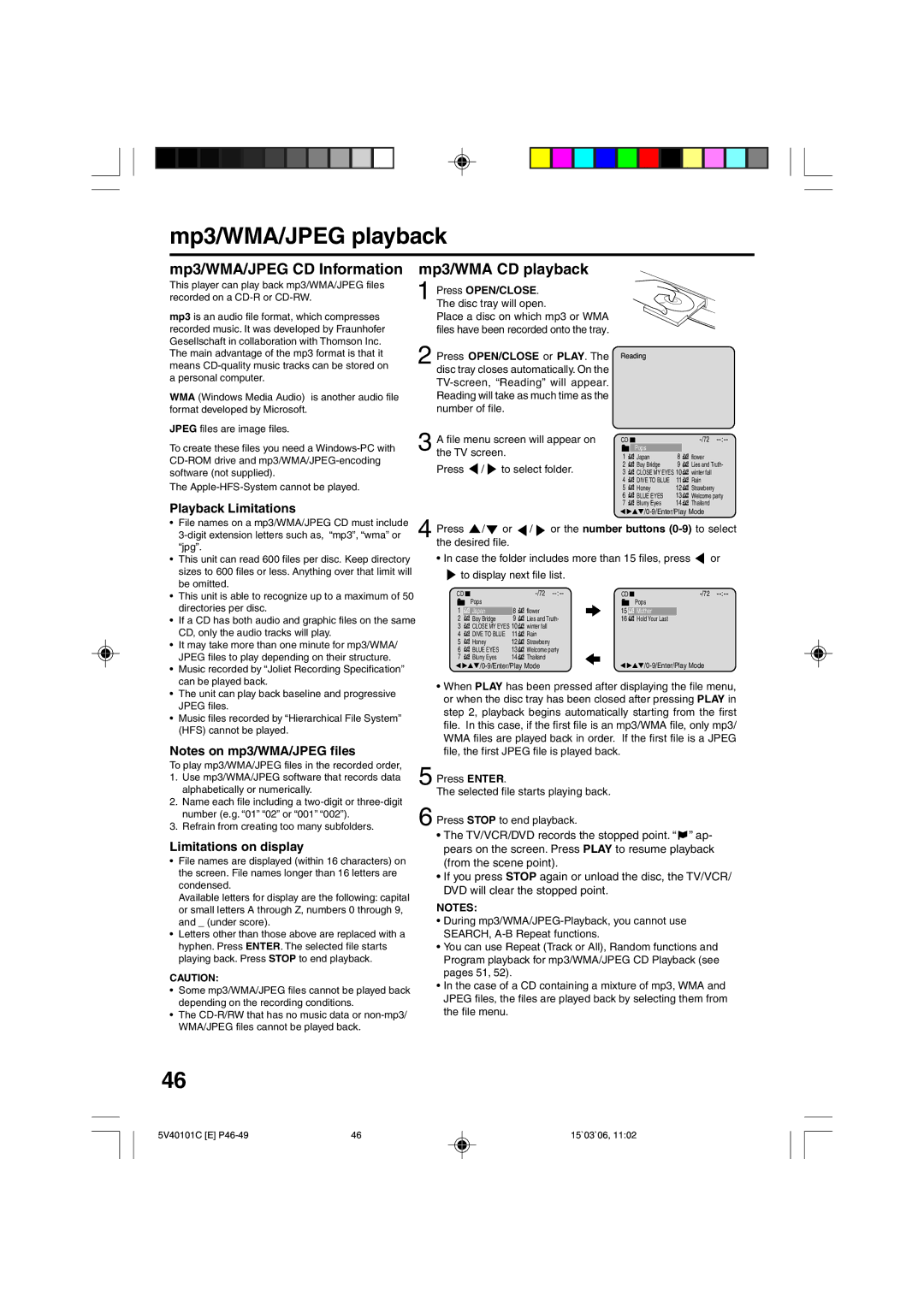 RCA 24F502TDV manual Mp3/WMA/JPEG playback, Mp3/WMA/JPEG CD Information, Mp3/WMA CD playback, Playback Limitations 