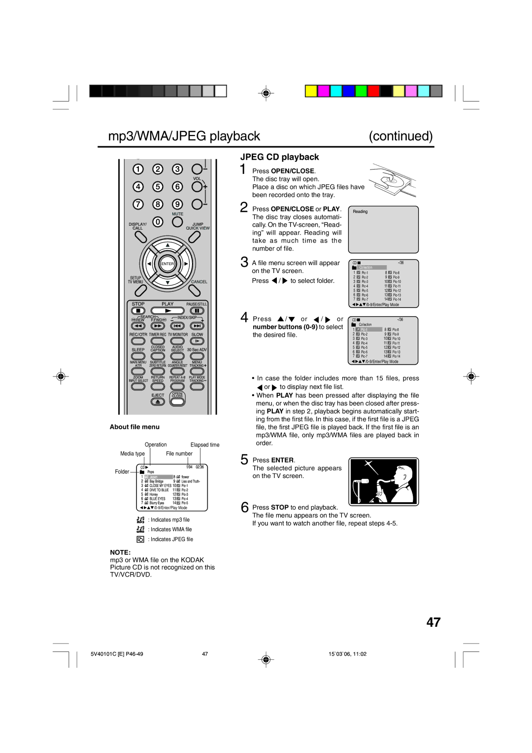 RCA 24F502TDV manual Mp3/WMA/JPEG playback, Jpeg CD playback, Number buttons 0-9 to select, About file menu 