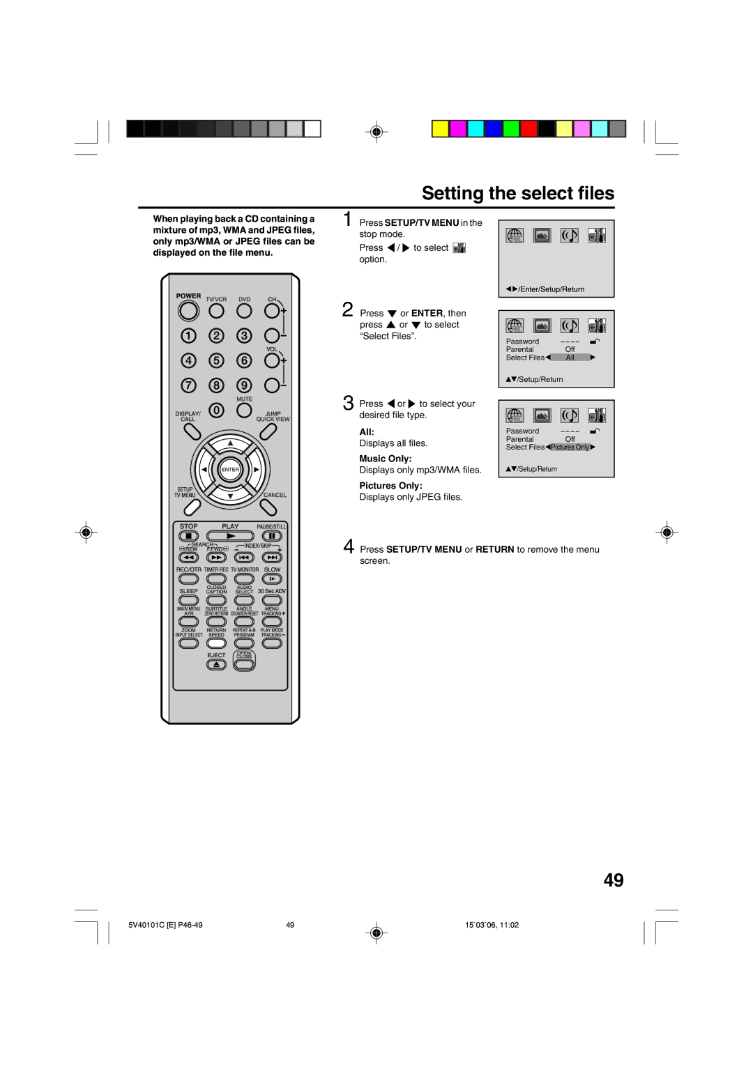 RCA 24F502TDV manual Setting the select files, All, Music Only, Pictures Only 