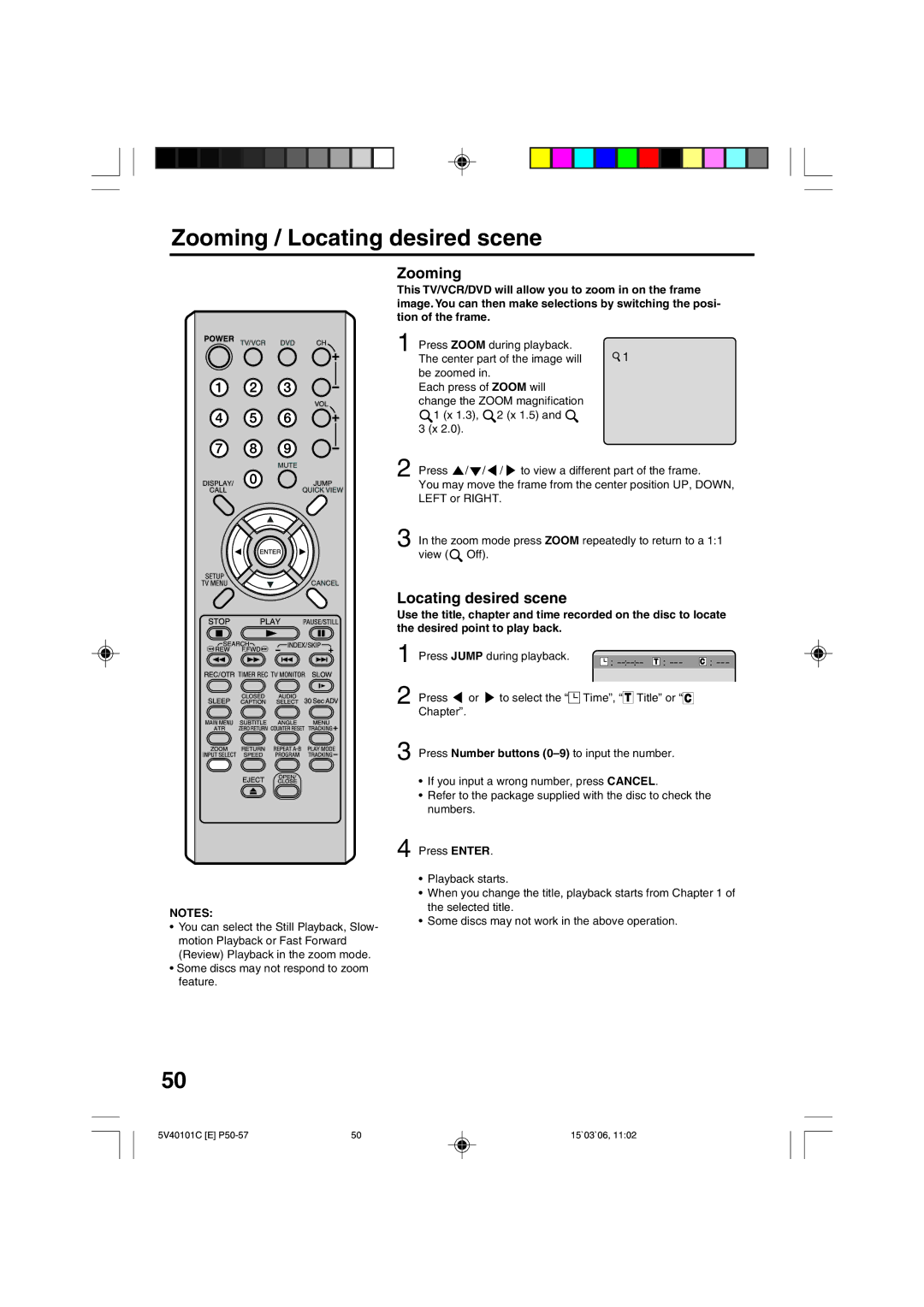 RCA 24F502TDV manual Zooming / Locating desired scene, Some discs may not respond to zoom feature 