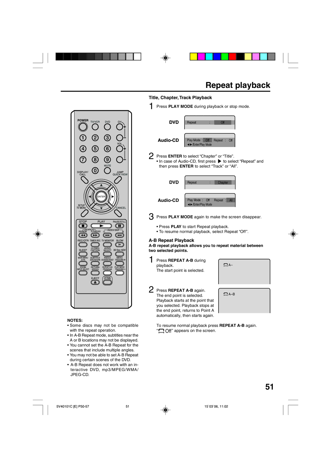 RCA 24F502TDV Repeat playback, Title, Chapter, Track Playback, Audio-CD, Press Play Mode during playback or stop mode 