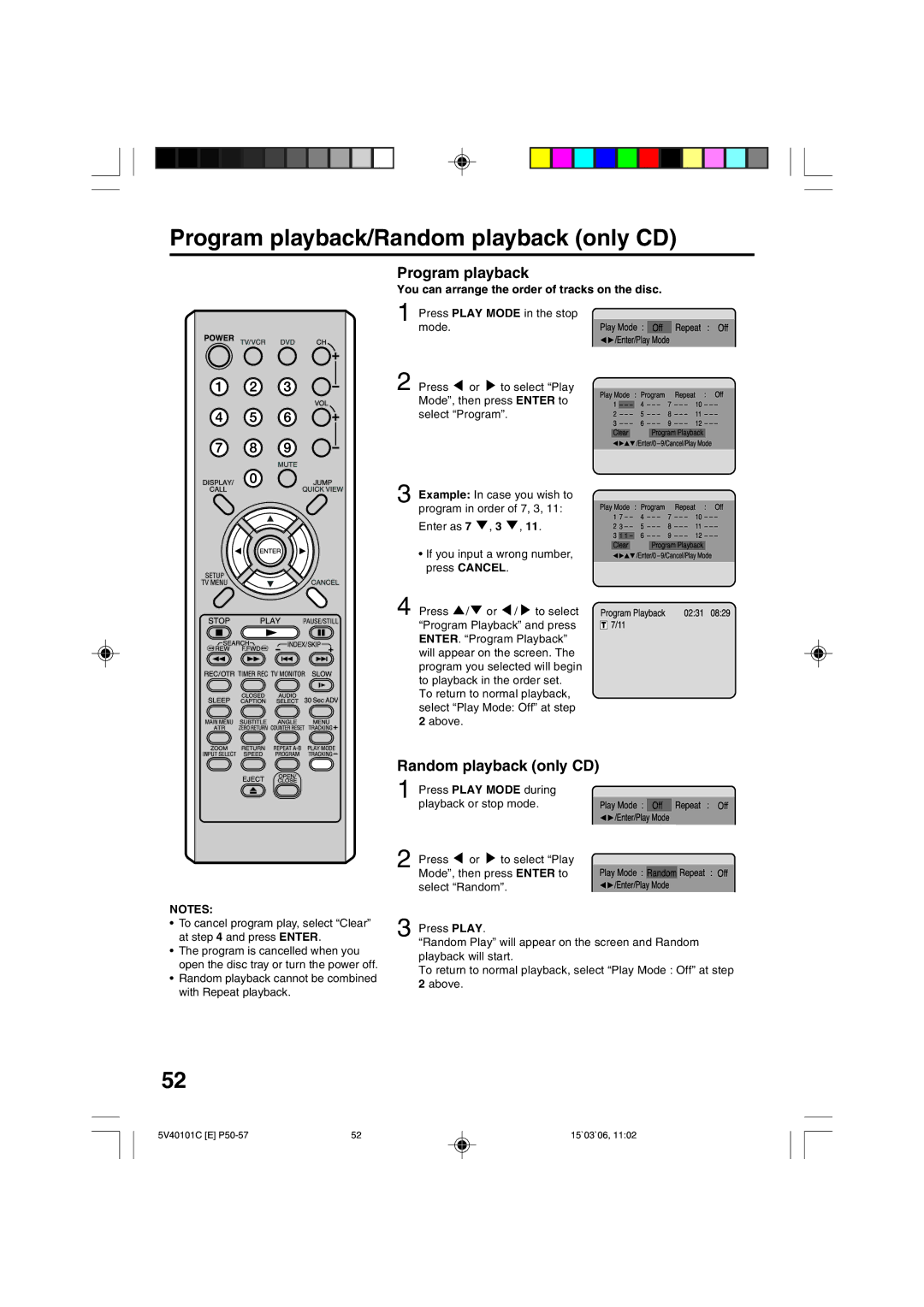 RCA 24F502TDV manual Program playback/Random playback only CD, You can arrange the order of tracks on the disc 