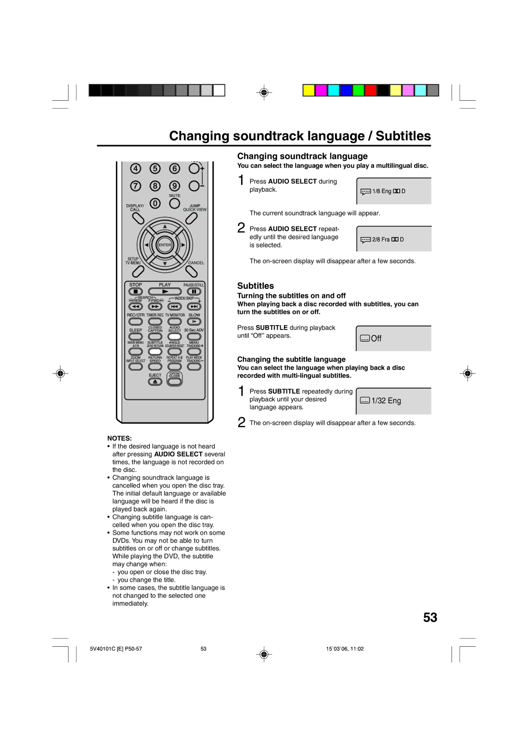 RCA 24F502TDV Changing soundtrack language, Subtitles, Turning the subtitles on and off, Changing the subtitle language 