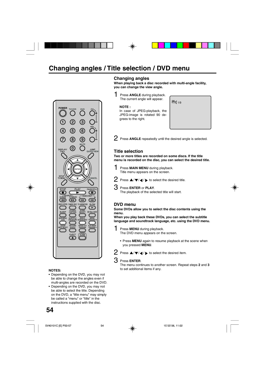 RCA 24F502TDV manual Changing angles / Title selection / DVD menu 