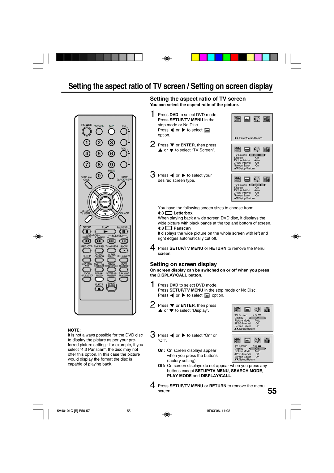 RCA 24F502TDV manual Setting the aspect ratio of TV screen, Setting on screen display, Letterbox, Panscan 