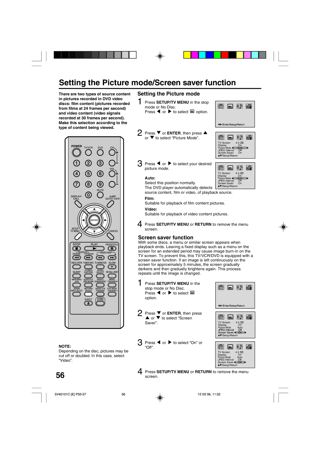 RCA 24F502TDV manual Setting the Picture mode/Screen saver function 