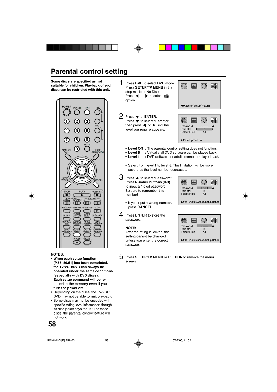 RCA 24F502TDV manual Parental control setting, Level Off, Press Number buttons 