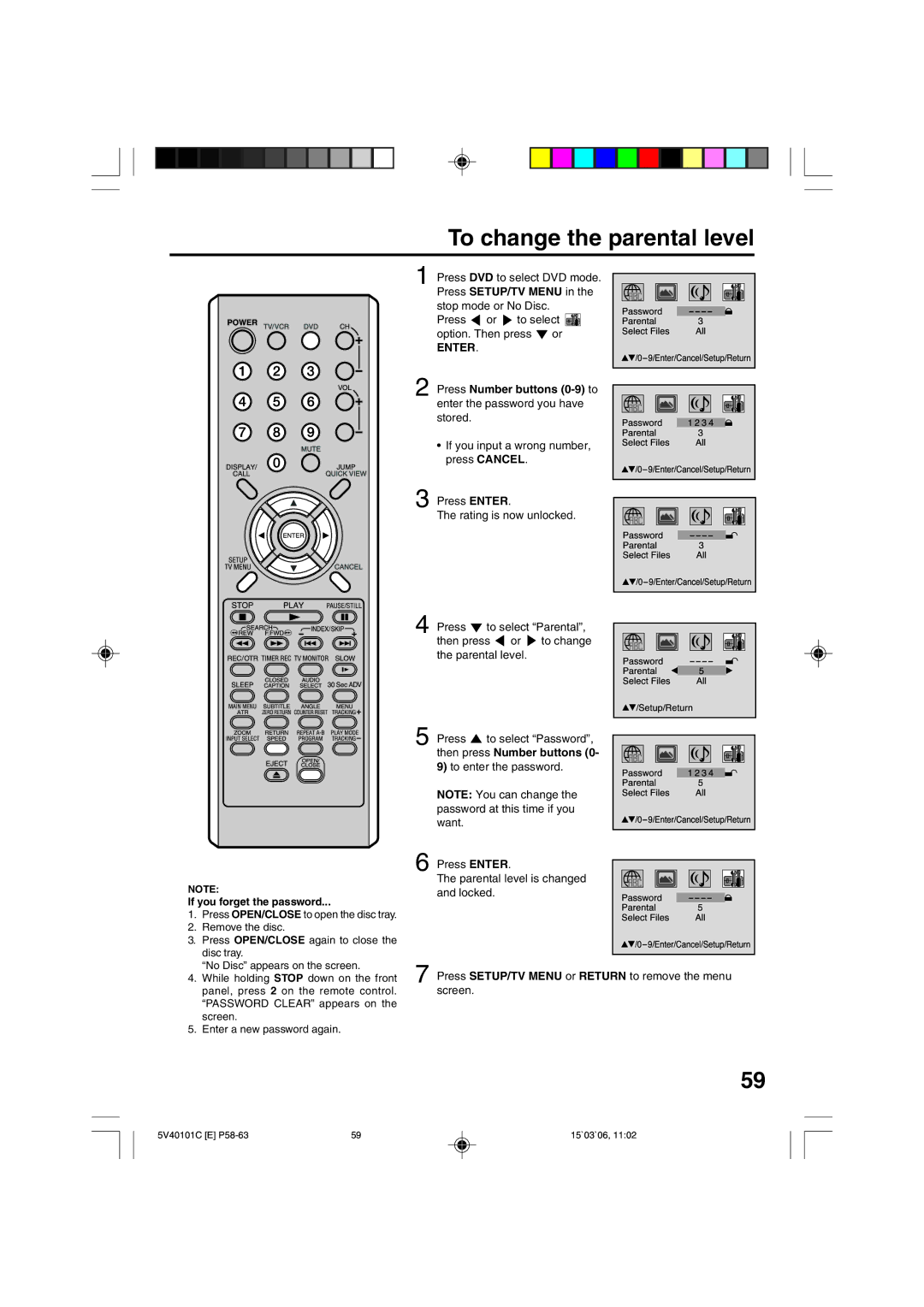 RCA 24F502TDV manual To change the parental level, Press Number buttons 0-9 to, Then press Number buttons 