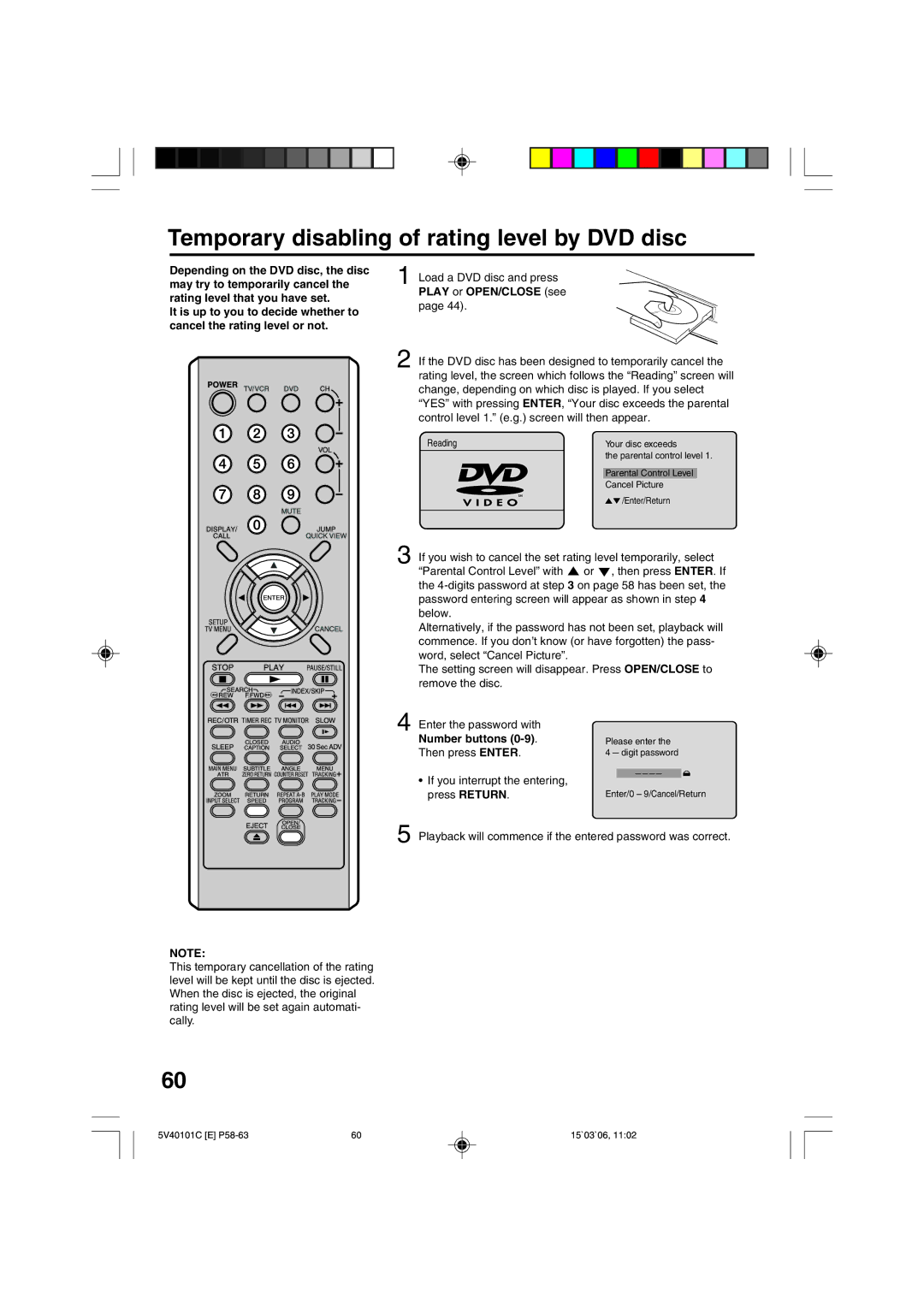 RCA 24F502TDV manual Temporary disabling of rating level by DVD disc, It is up to you to decide whether to, Number buttons 