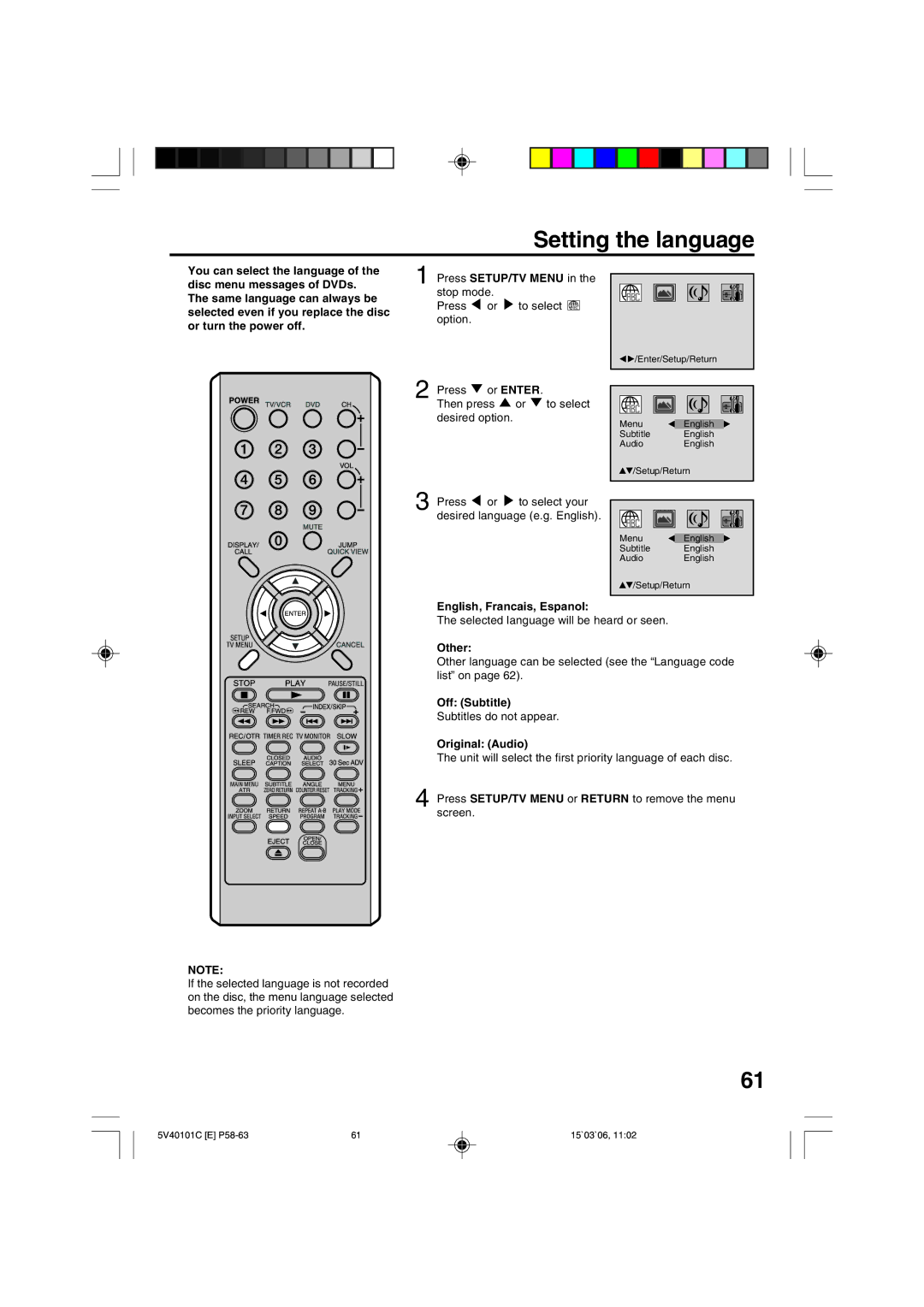 RCA 24F502TDV Selected even if you replace the disc, Or turn the power off, Or Enter, English, Francais, Espanol, Other 