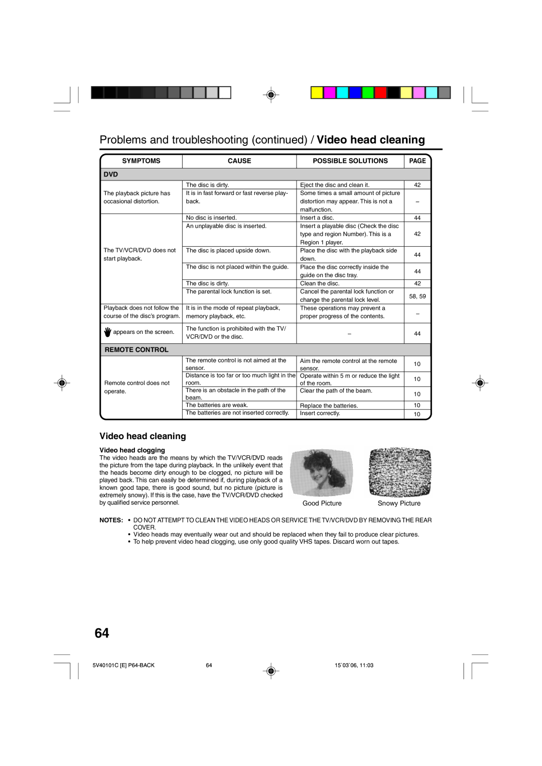 RCA 24F502TDV manual Video head cleaning, Symptoms Cause Possible Solutions DVD, Remote Control, Video head clogging 