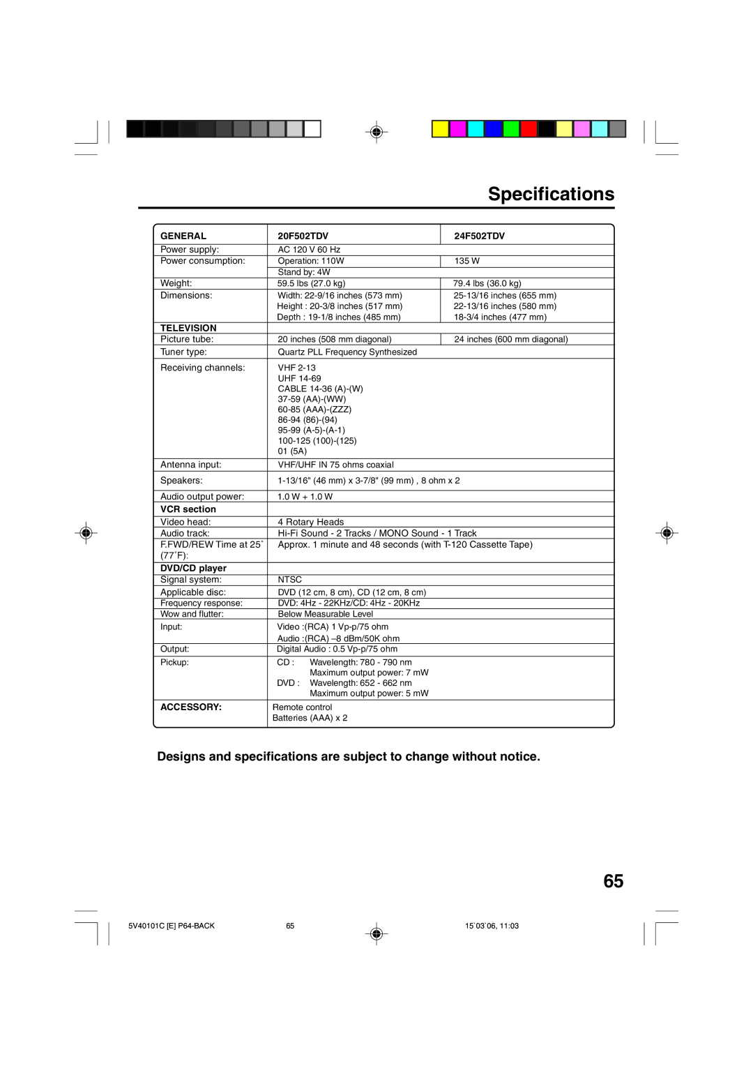 RCA 24F502TDV manual Specifications, General, Television, Accessory 