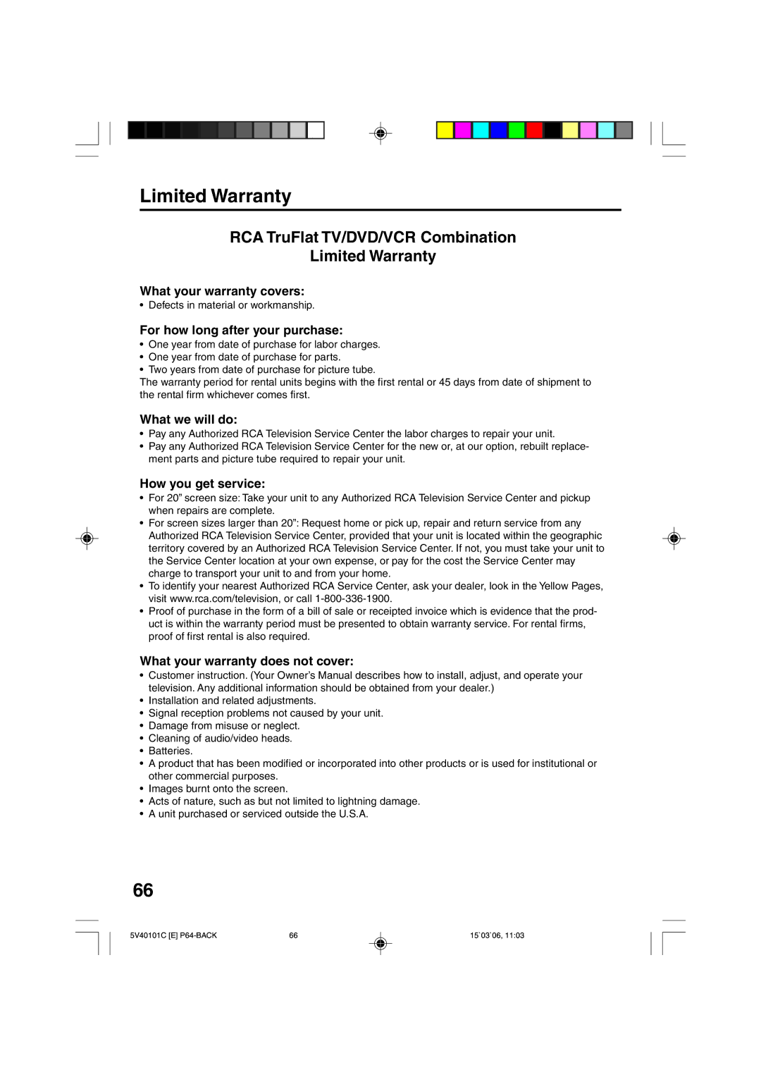 RCA 24F502TDV manual Limited Warranty 