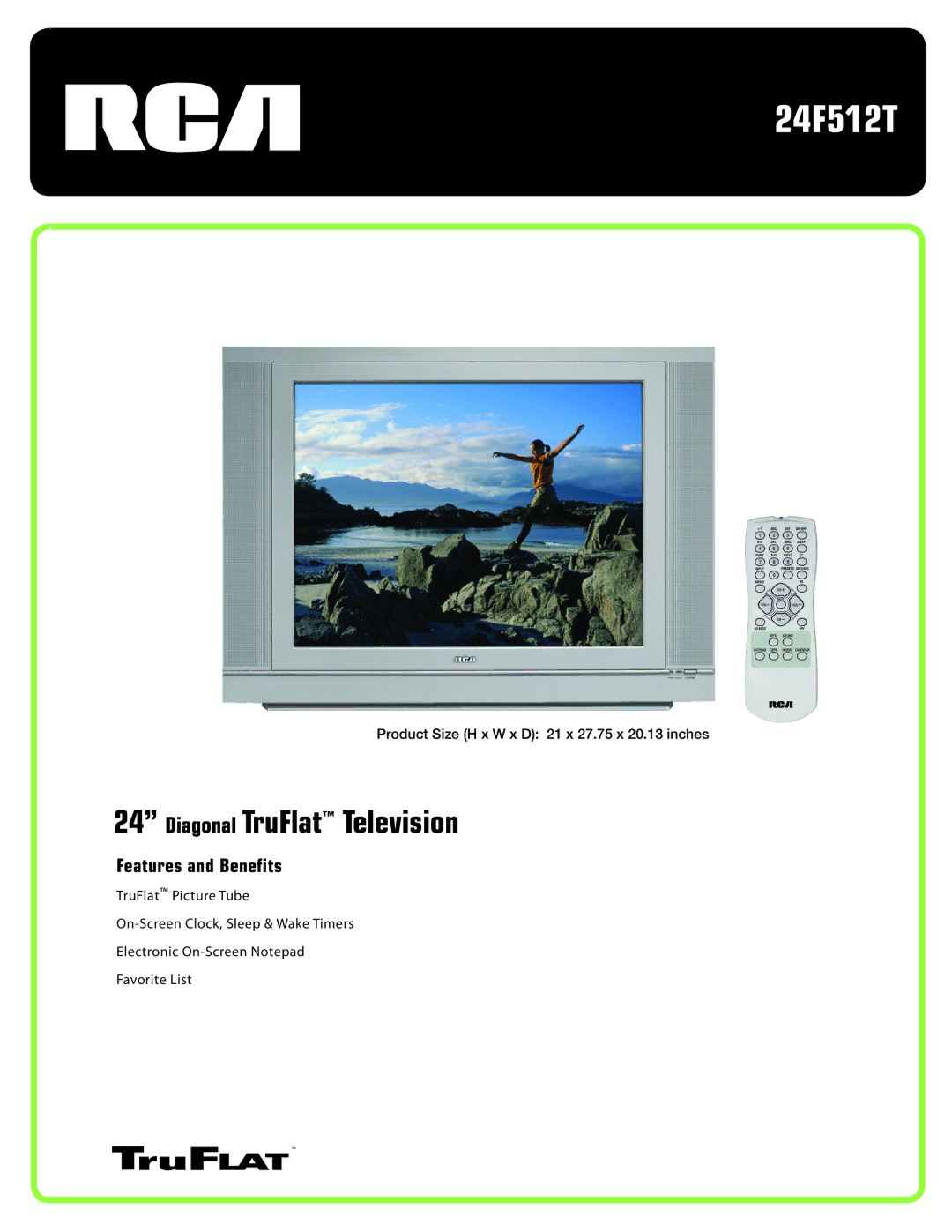 RCA 24F512T manual Diagonal TruFlat Television, Features and Benefits 