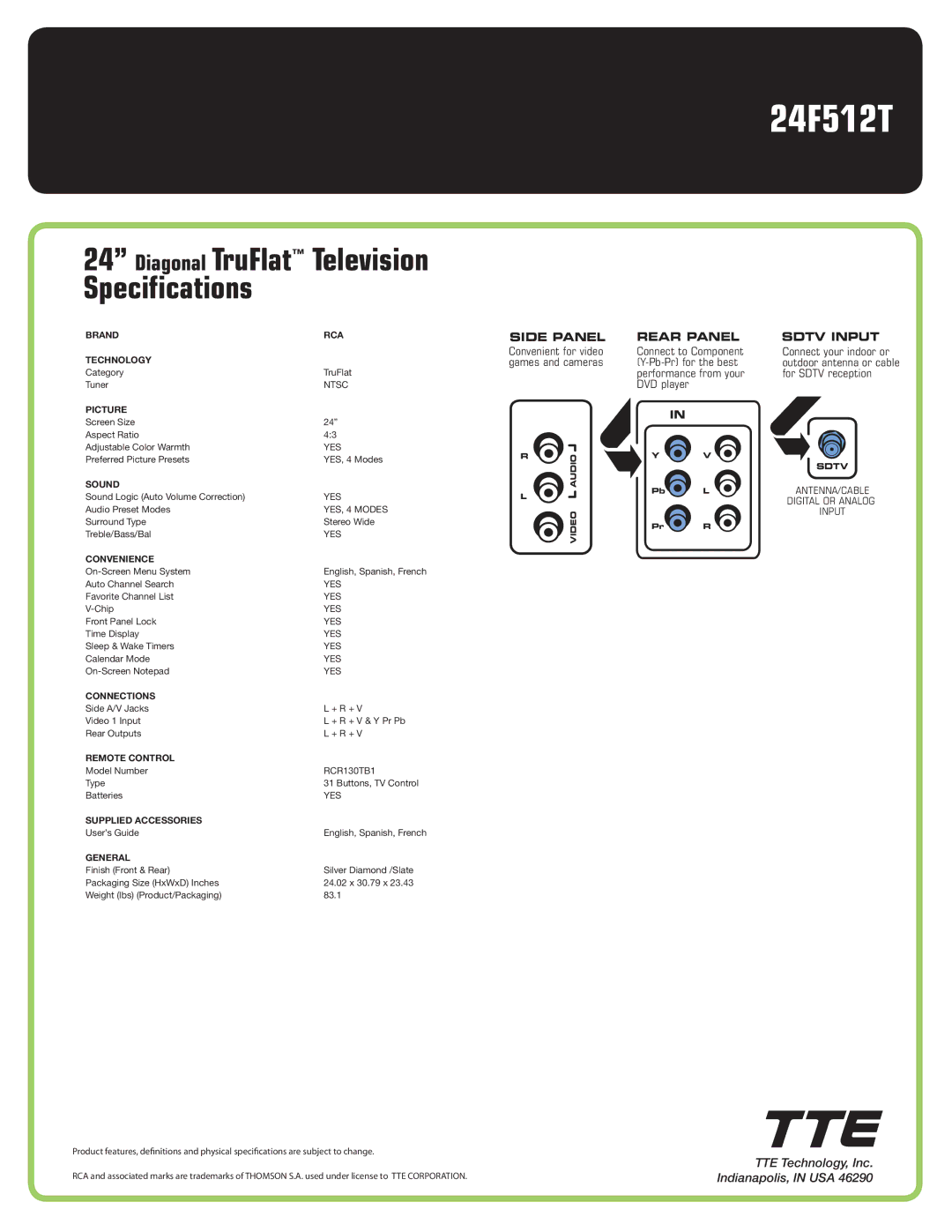 RCA 24F512T manual Television, Side Panel, Rear Panel, Sdtv Input, ANTENNA/CABLE Digital or Analog Input 