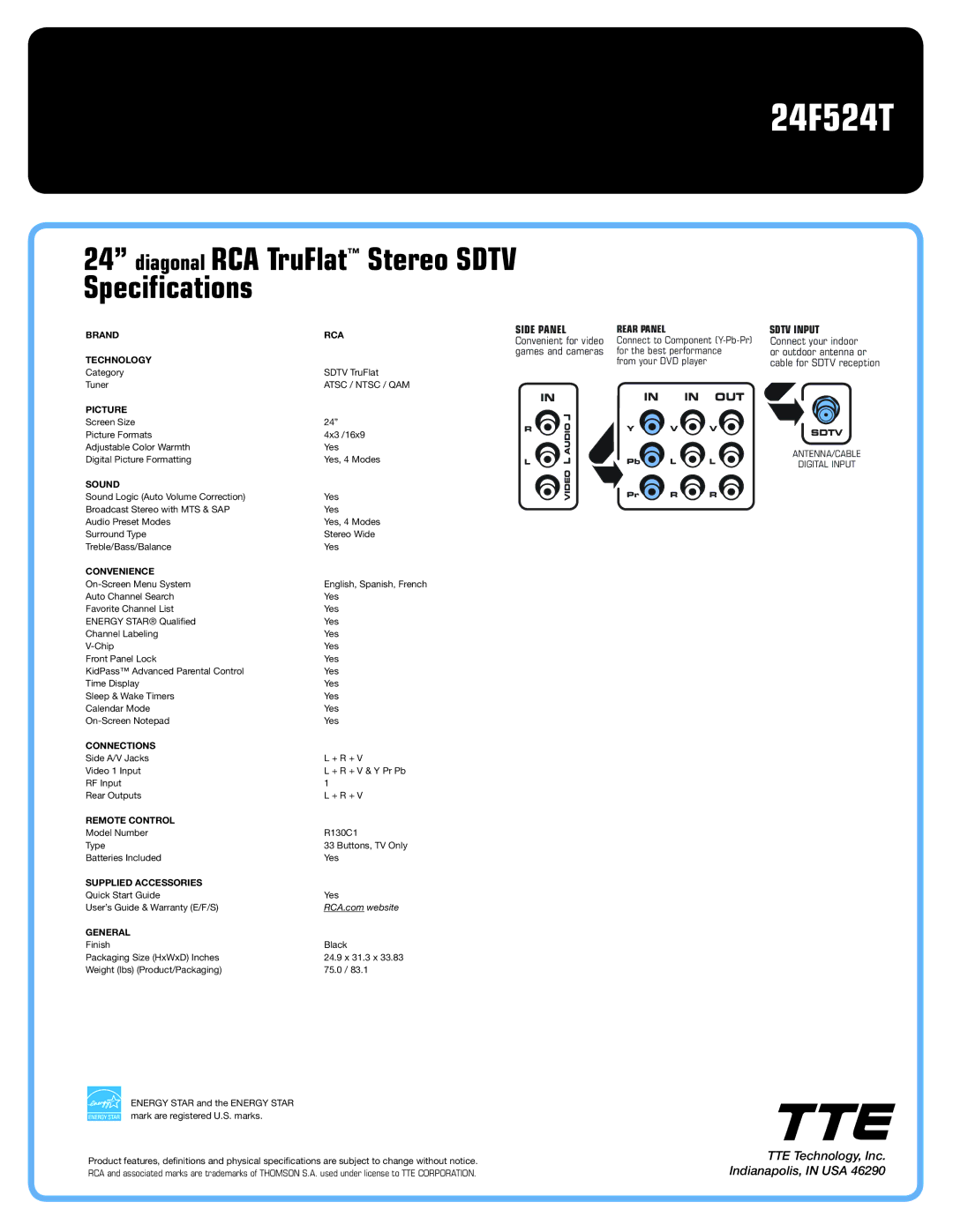 RCA 24F524T manual Diagonal RCA TruFlat Stereo Sdtv Specifications, Side Panel, Rear Panel, Out, Sdtv Input 