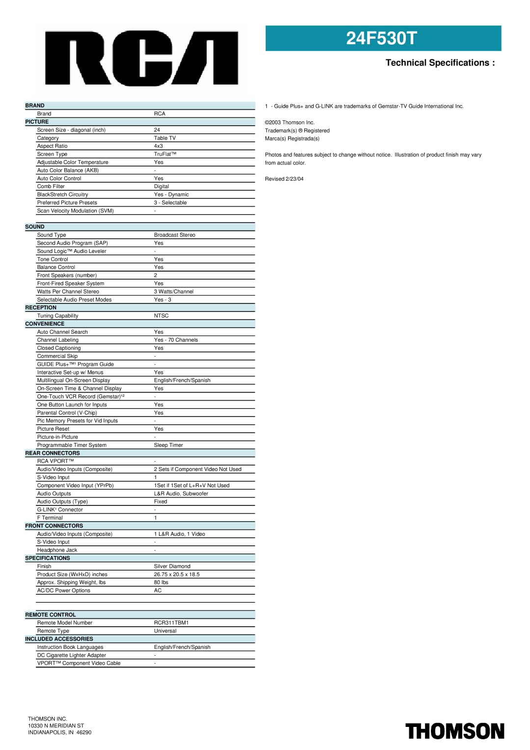 RCA 24F530T manual Brand, Picture, Sound, Reception, Convenience, Rear Connectors, Front Connectors, Specifications 