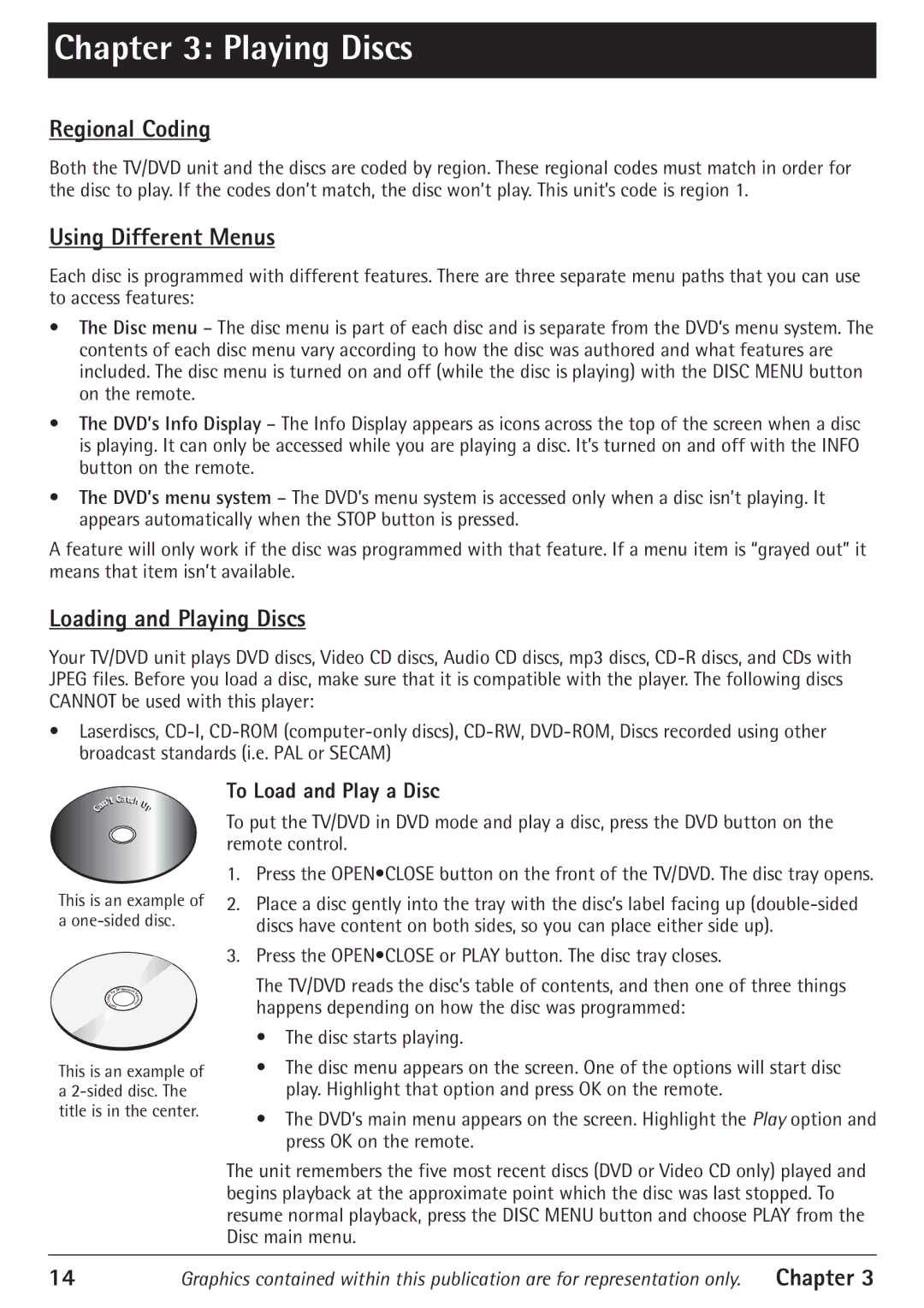 RCA 24F610TD manual Regional Coding, Using Different Menus, Loading and Playing Discs, To Load and Play a Disc 