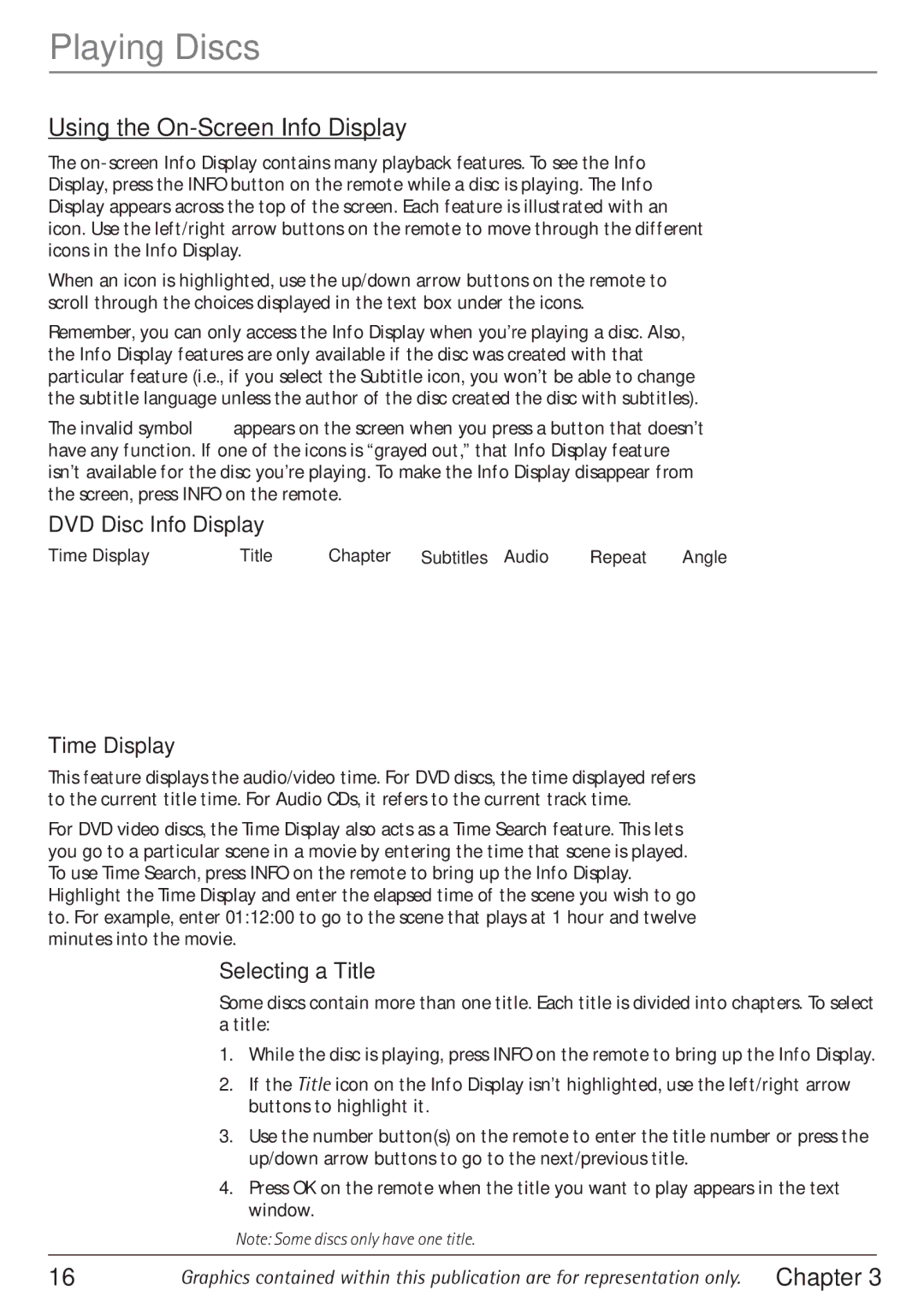 RCA 24F610TD manual Using the On-Screen Info Display, DVD Disc Info Display, Time Display, Selecting a Title 