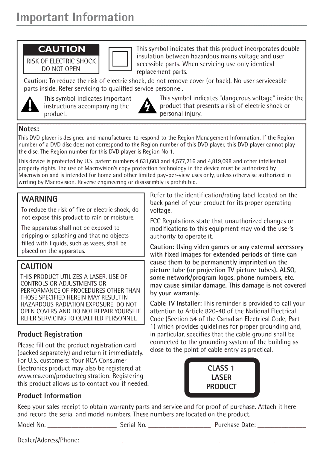 RCA 24F610TD manual Important Information, Product Registration Product Information 