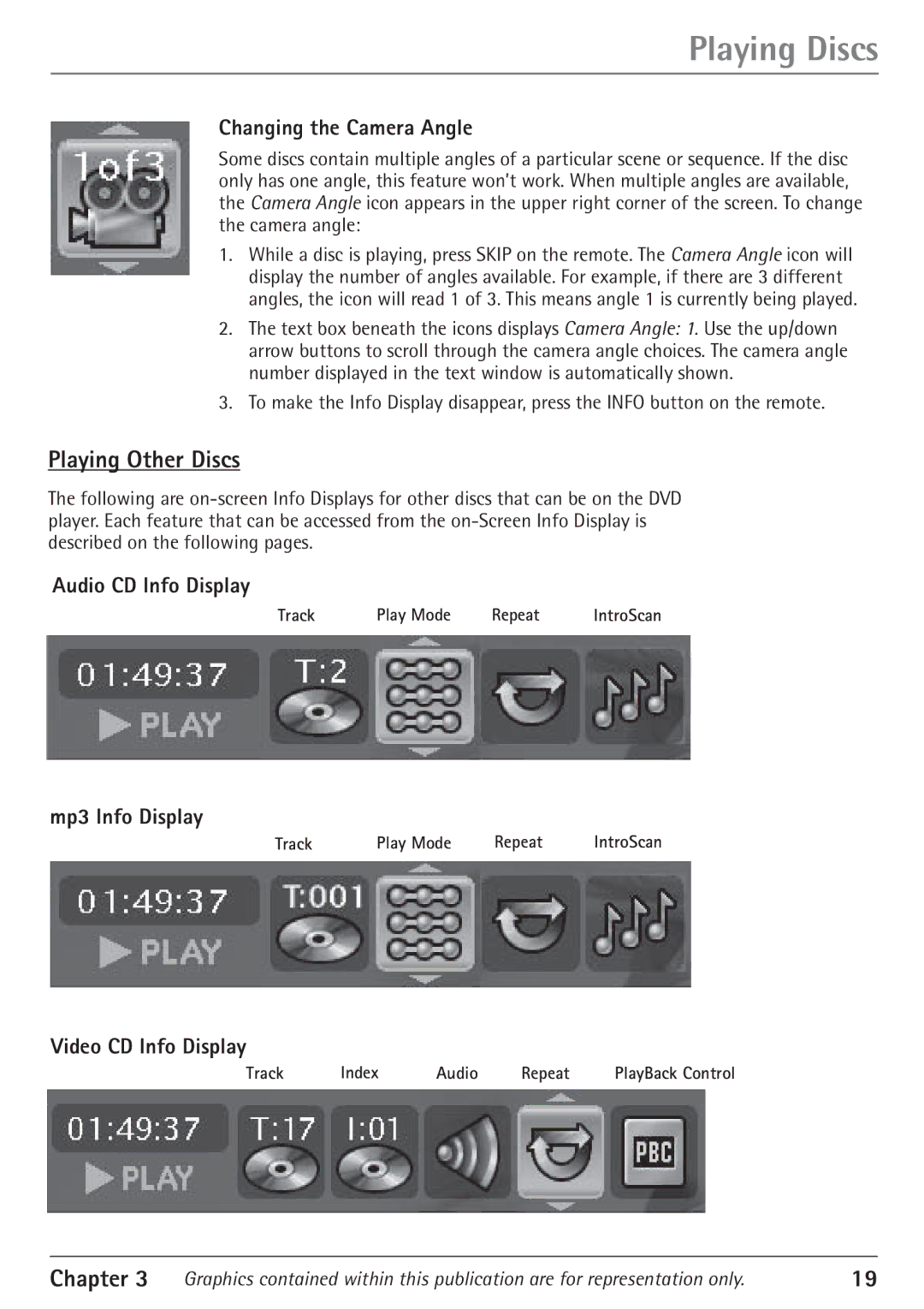 RCA 24F610TD manual Playing Other Discs, Changing the Camera Angle, Audio CD Info Display, Mp3 Info Display 