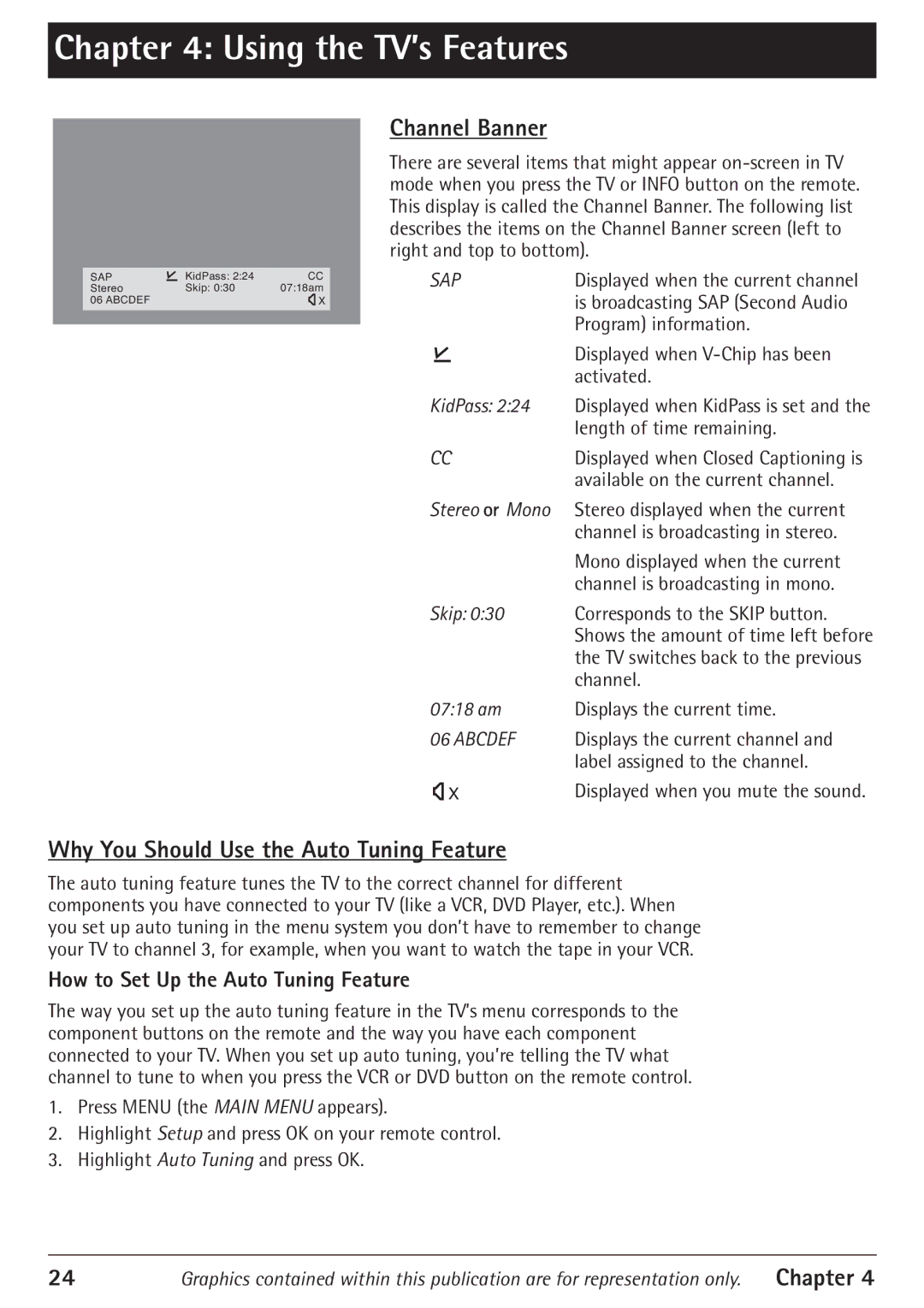 RCA 24F610TD manual Channel Banner, Why You Should Use the Auto Tuning Feature, How to Set Up the Auto Tuning Feature 