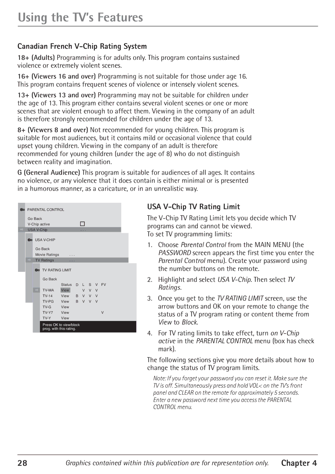 RCA 24F610TD manual Canadian French V-Chip Rating System, USA V-Chip TV Rating Limit 