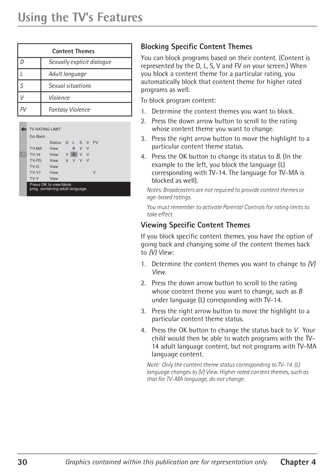 RCA 24F610TD manual Blocking Specific Content Themes, Viewing Specific Content Themes 